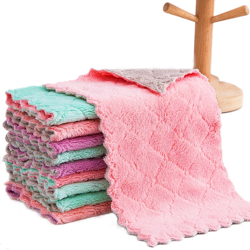 

Wholesale Premium Dishcloths Super Absorbent Coral Velvet Dishtowels Double-Sided Microfiber Kitchen Towel, Pink yellow blue and customized