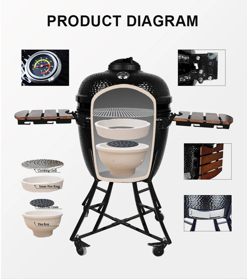 STEEL EGG BBQ Kamado 24'' Zoll Zwart Bastard Charcoal BBQ Grill Ceramic