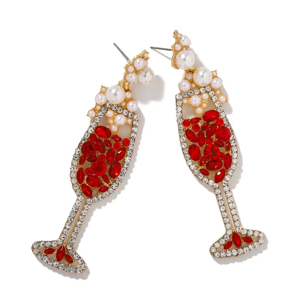 

New European and American Trendy Diamond Crystal Earrings Wine Glass For Women Vintage Rhinestone Pearl Drop Earrings Jewelry, Red