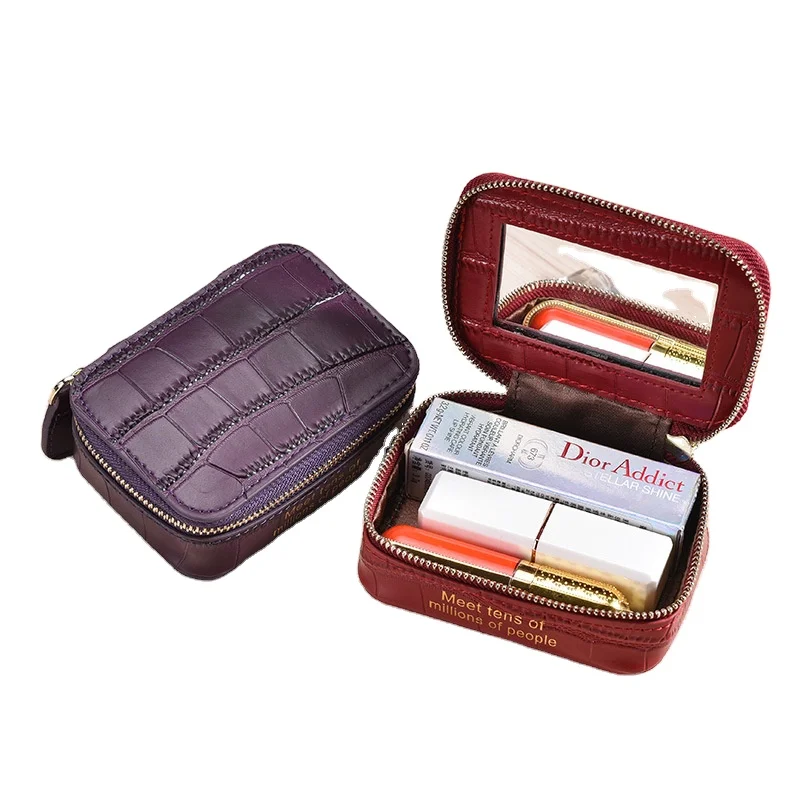 

wholesale luxury crocodile pu lipstick box ladies small zipper makeup bag mini lips women travel lipstick bag with mirror