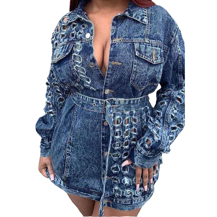 

2021 spring new fashion temperament casual lapel hollow design solid color wide loose denim jean jacket women, Customized color
