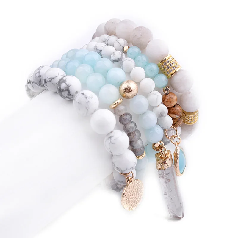 

New DIY Beaded Bracelet Set Natural Stone Agate White Pine Stone Crystal Pendant Elastic Bracelet for Women, As pic show