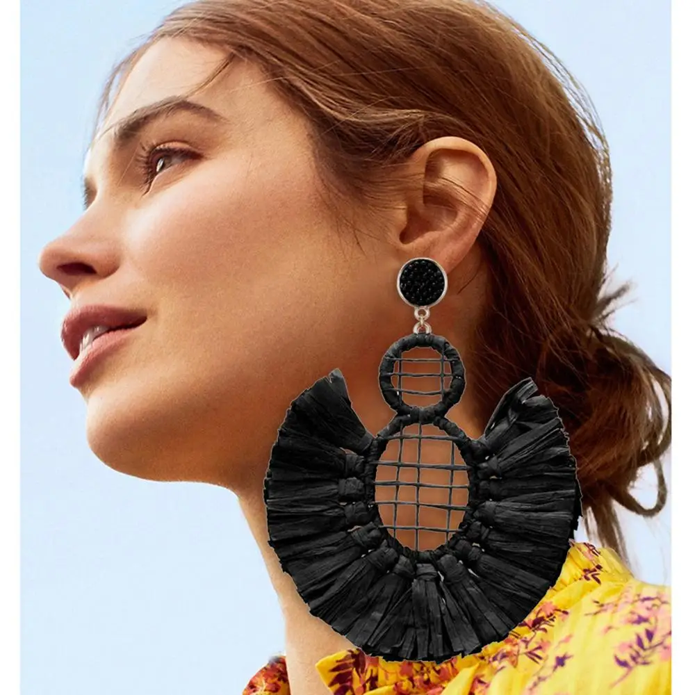 

Hotsale Statement Vintage Boho Jewelry Lafite Drop Tassel Earrings Yellow Big Fringe Bridal Earring For Women, Picture