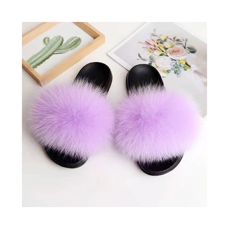 

Non-slip Fluffy Fox Hair Natural Fur Length Fashion Fox Fur Slides, Single color or multicolor