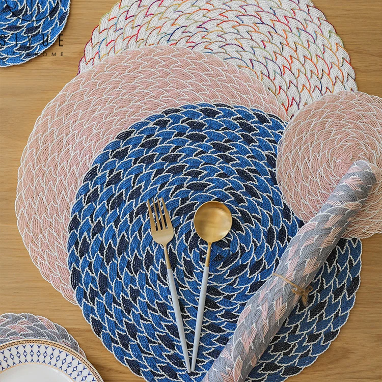 

Kitchen Japanese-style Round Dining Table Mat Heat Resistant PP Woven Placemat PVC For Wedding Decorative 1605