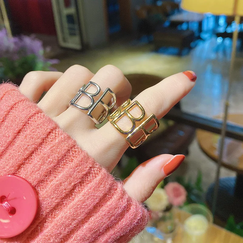 

Trendy Fashion Statement Temperament Rings Plated Gold Metal Creative Jewelry Letter B Open Rings for Women Party, Picture