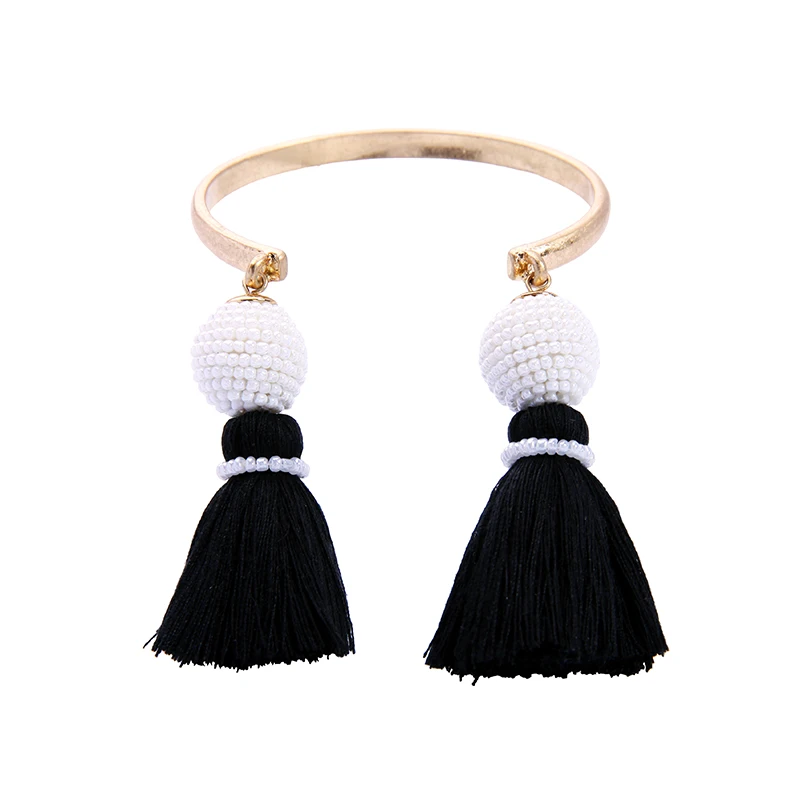 

sl00544b Wholesale Russian White Beads Ball Jewelry Women Gold Plated Black Tassel Beaded Bracelets Bangles Charm