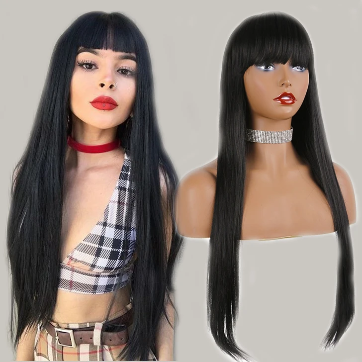 

Wholesale Black with Bangs Synthetic No Lace Front Wig Glueless Heat Resistant Hair Drag Queen Halloween Amazon Hot Styles