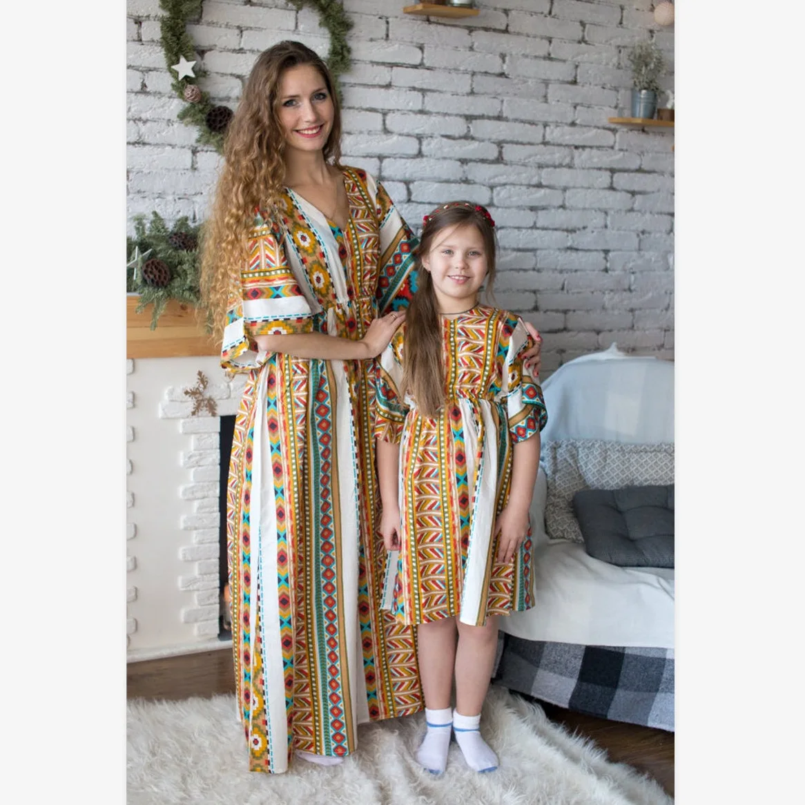 

MM-002 new fashion bohemia floral print maxi long dress designs for mommy and me boutique kids short sleeve dress, Light blue , navy