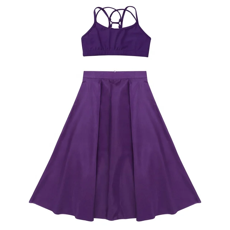 

Kids Girls Spaghetti Shoulder Straps Criss Cross Back Tanks with Chiffon Ballet Skirt