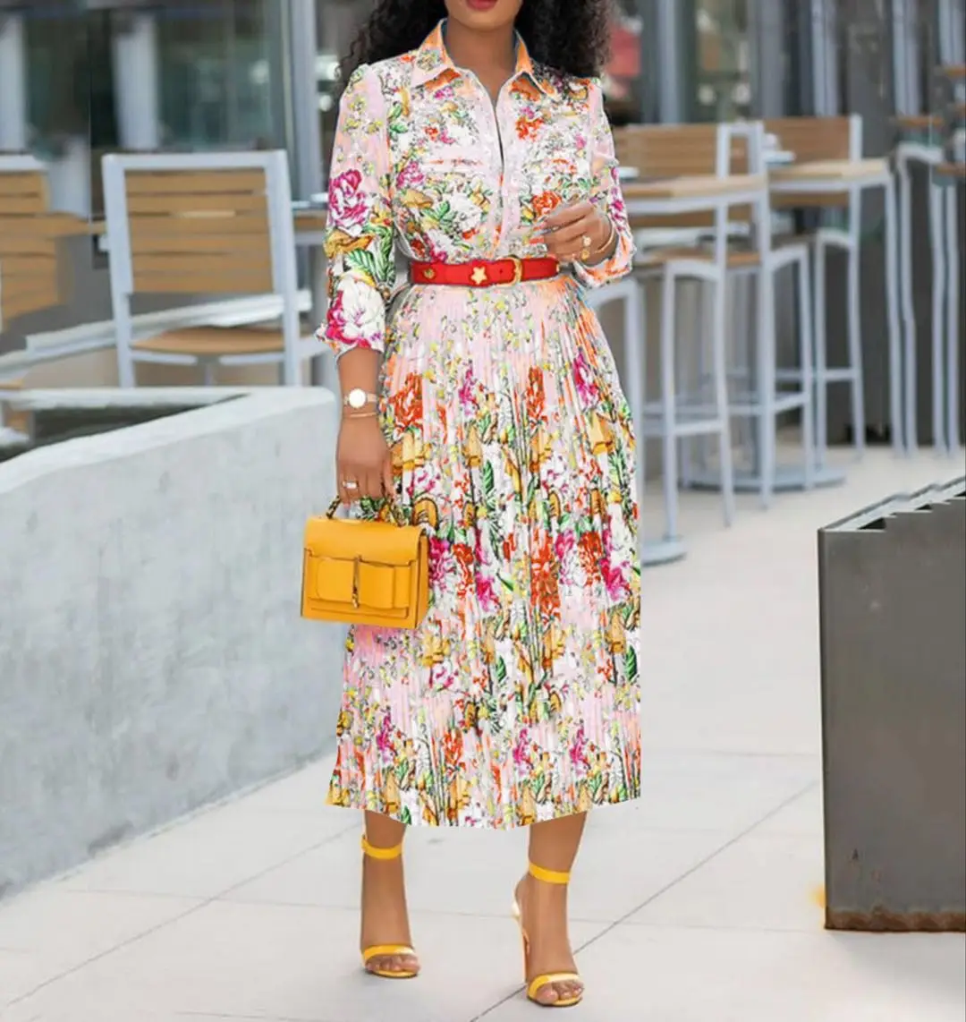 

2020 women new print plus size pleated midi A line dress long sleeve, Pink or customized
