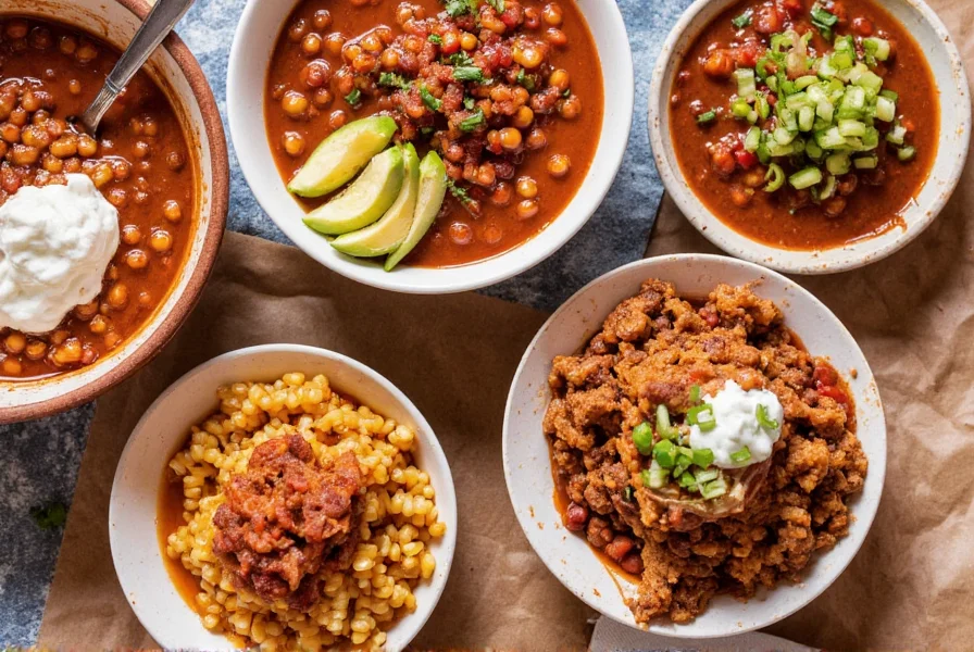 Variety of regional chili styles served in distinctive bowls with appropriate toppings