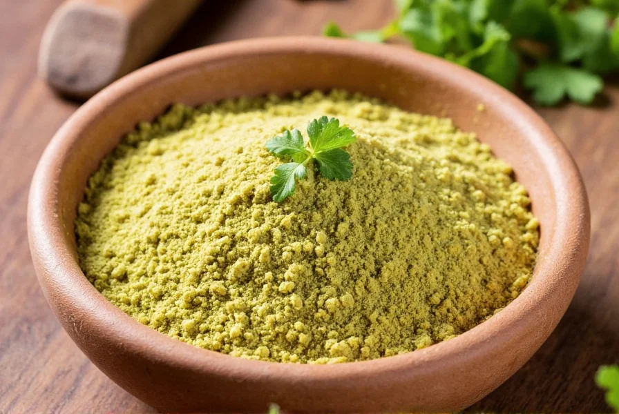 Various spice blends containing coriander powder arranged on wooden table