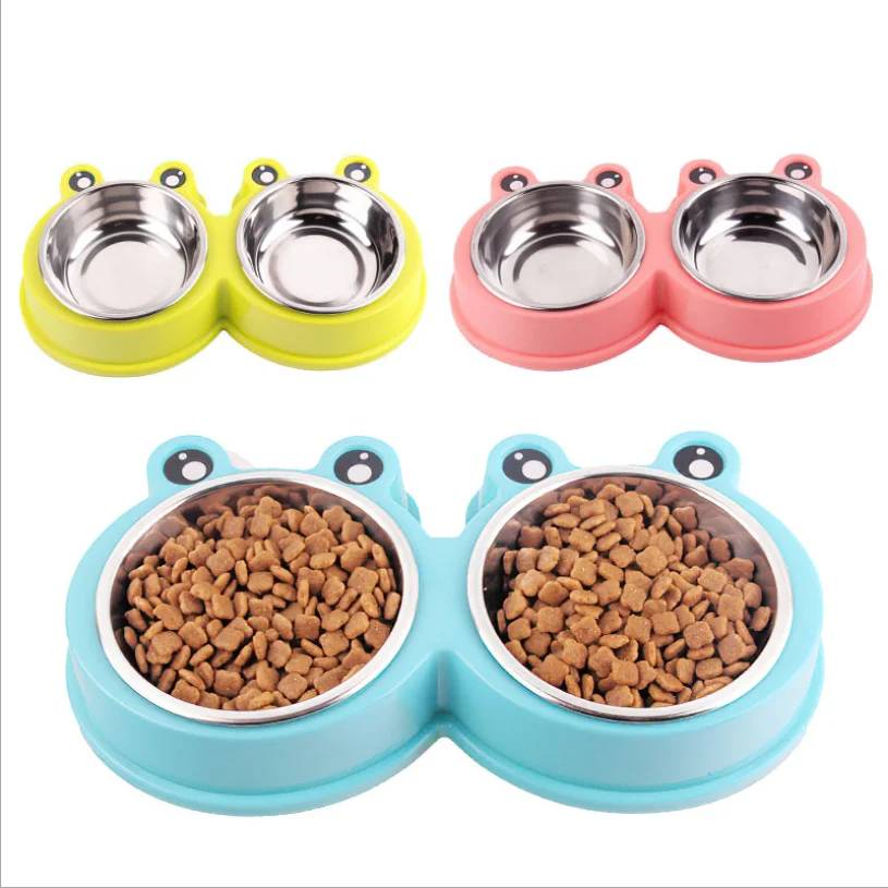 

wholesale Pet food bowl feeder stainless steel dog bowl two in one cartoon frog cartoon double pet bowls for cats and dogs