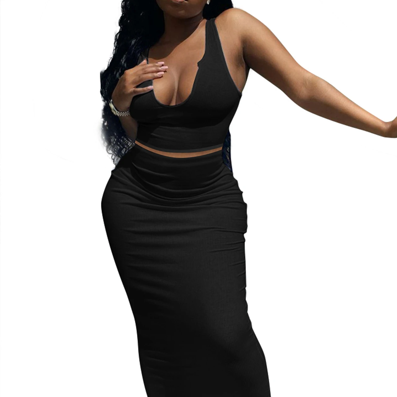 

2021 Plus size maxi dresses women cotton two piece skirt set bodycon dress women sexy casual dresses, Picture