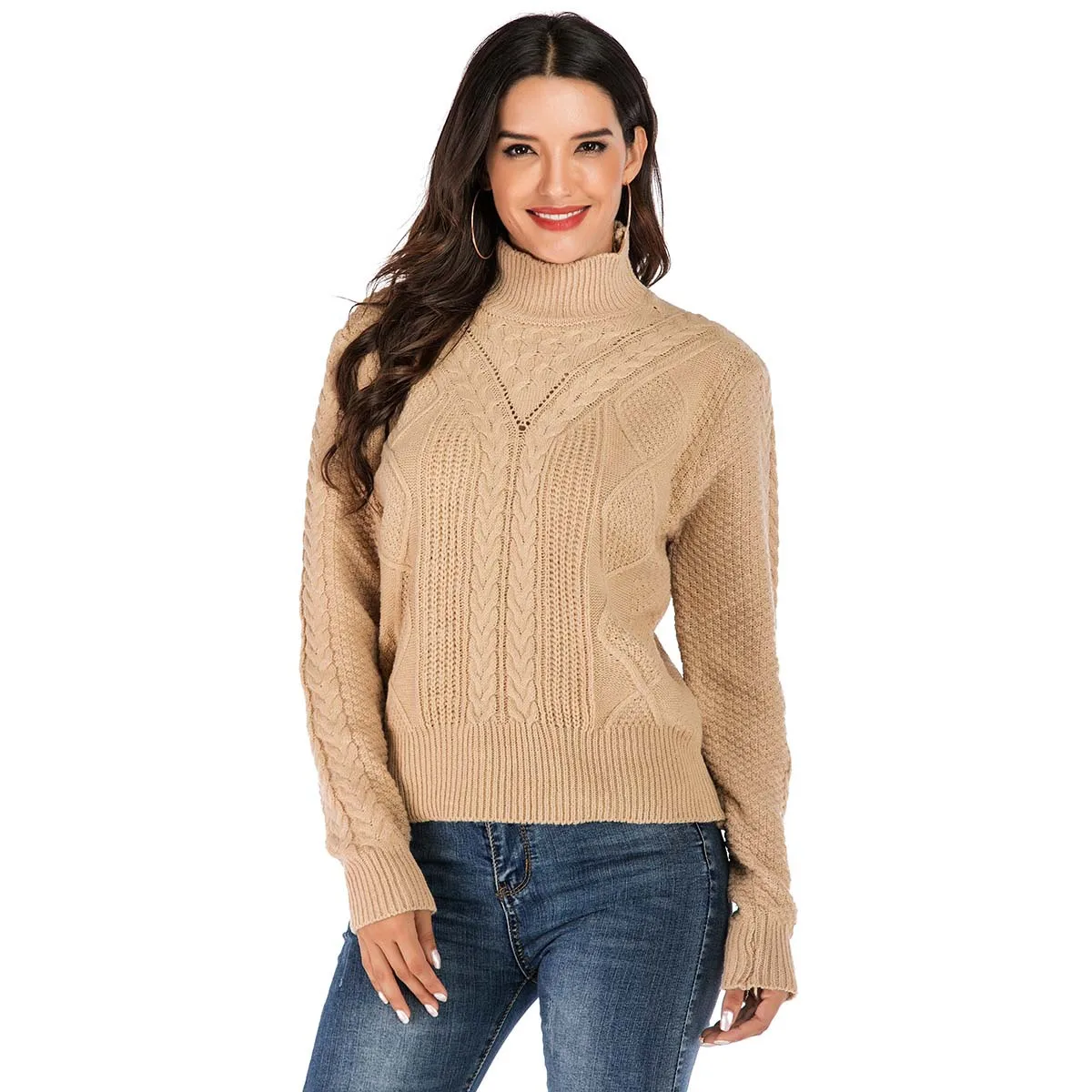 

Women's cable knitted pullover mock neck sweater with promotion style