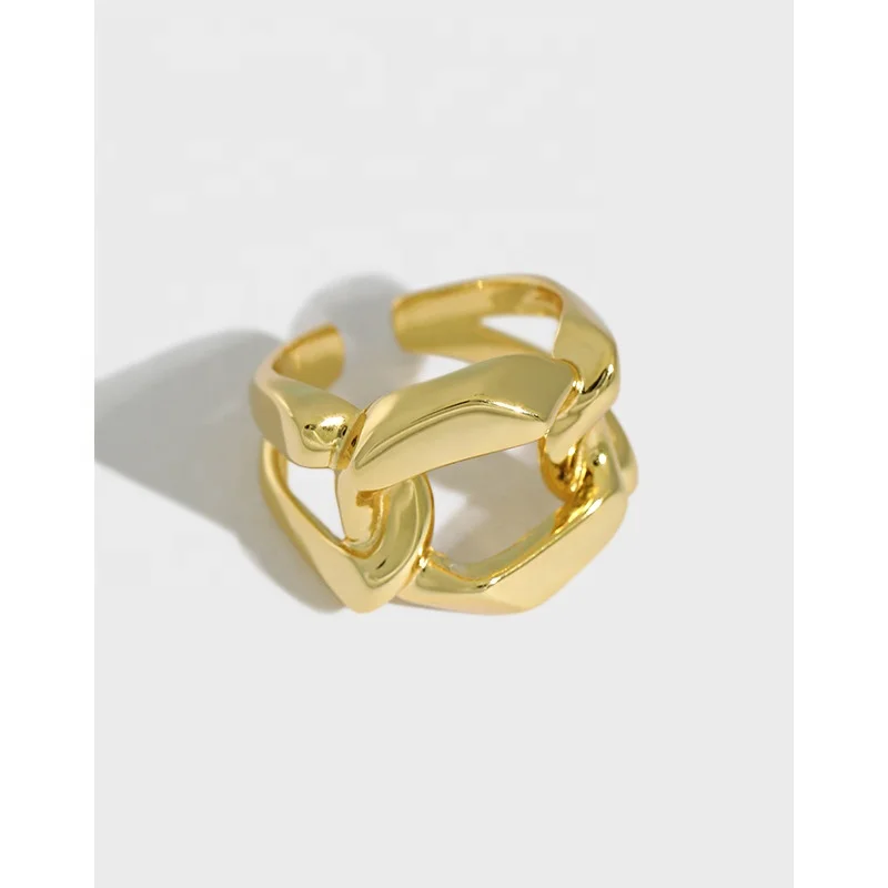 

Vintage Design 18K Gold Plated Chain Ring 925 Sterling Silver Simple Wide Chain Open Ring for Female