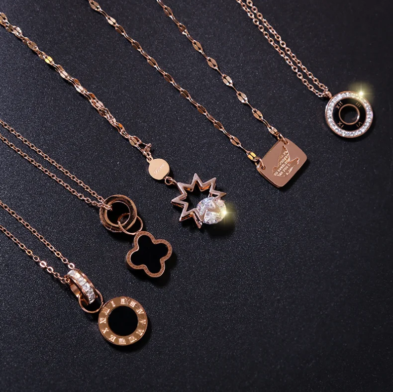 

Fashion Charm Women Jewelry Stainless Titanium Steel Pendant Chain Necklaces Rose Gold Crystal Necklaces, Gold/silver/rose gold