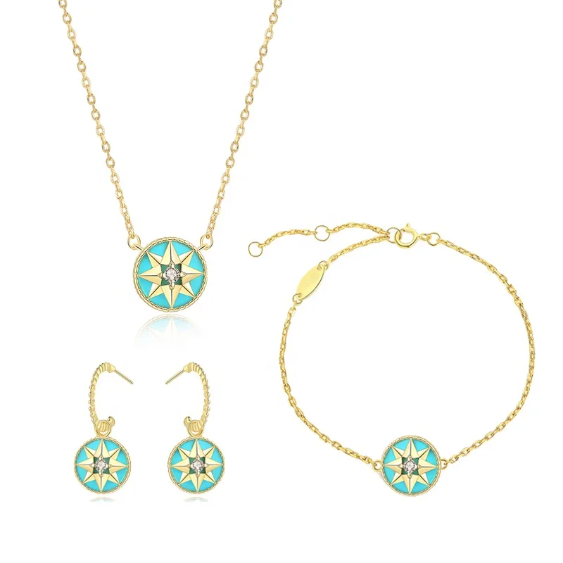 

Ins Fashion All-match Turquoise 925 Sterling Silver Diamond Eight-pointed Star Lucky Compass Jewelry Set, Picture shows