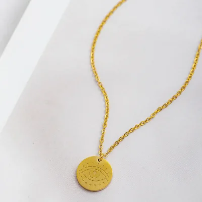 

Personalized Design Stainless Steel Eyes Pattern Coin Pendant Necklaces Real Gold Plated Evil Eyes Pendant Necklaces
