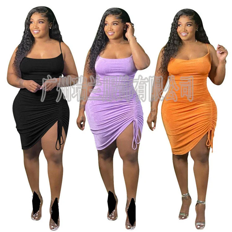 

Womens 2021 summer plus size women clothing solid color unilateral smocked drawstring lace tight sexy sling dress rlR-Z2130#, Picture shown