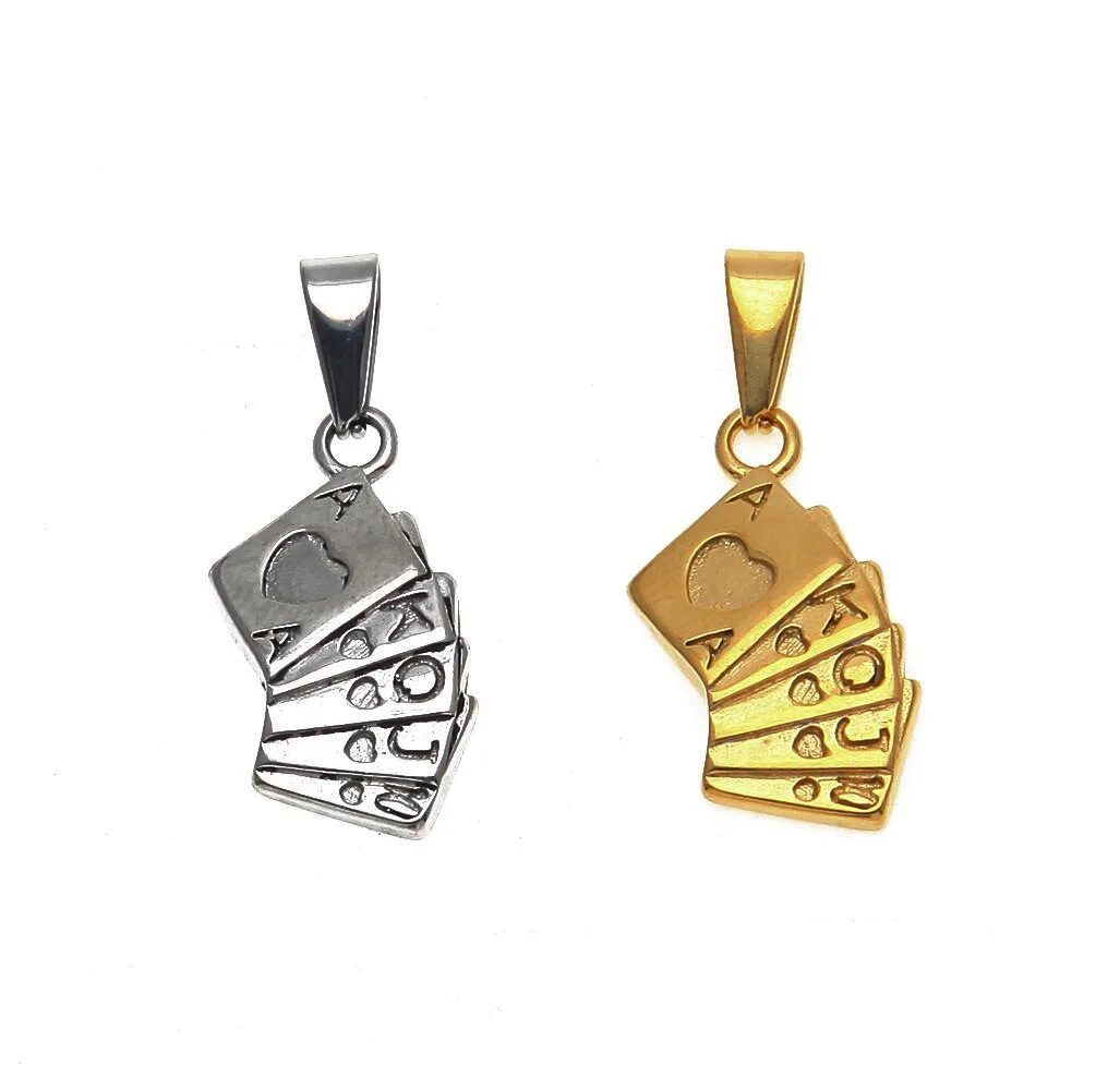 Punk Rock Men Gold Fashion Poker Ace Pendant Stainless Steel Necklace Jewelry Poker Hand Playing Cards Pendant