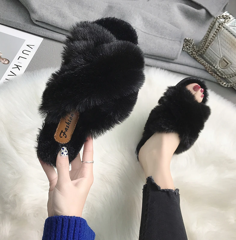 

New Autumn Winter Allaround Wear Indoor Leather Fur Slippers Female Slippers Women