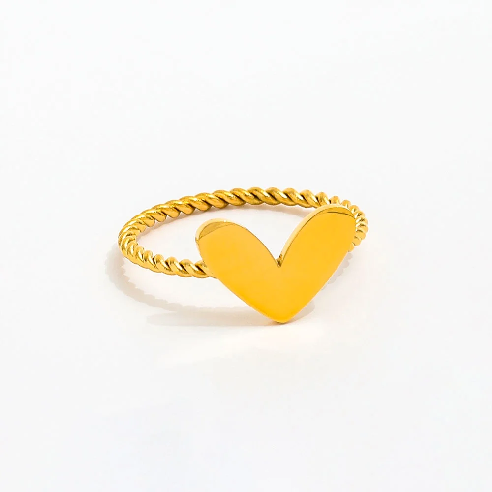 High End PVD 18K Gold Plated Rope Dainty Stainless Steel Heart Finger Ring Trendy Unisex Party Gift for Women