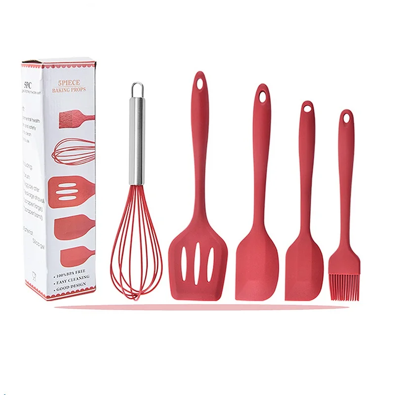 

5-in-1 silicone cooking utensil set Whisk with stainless steel handle silicone spatula and silicone brush, Red