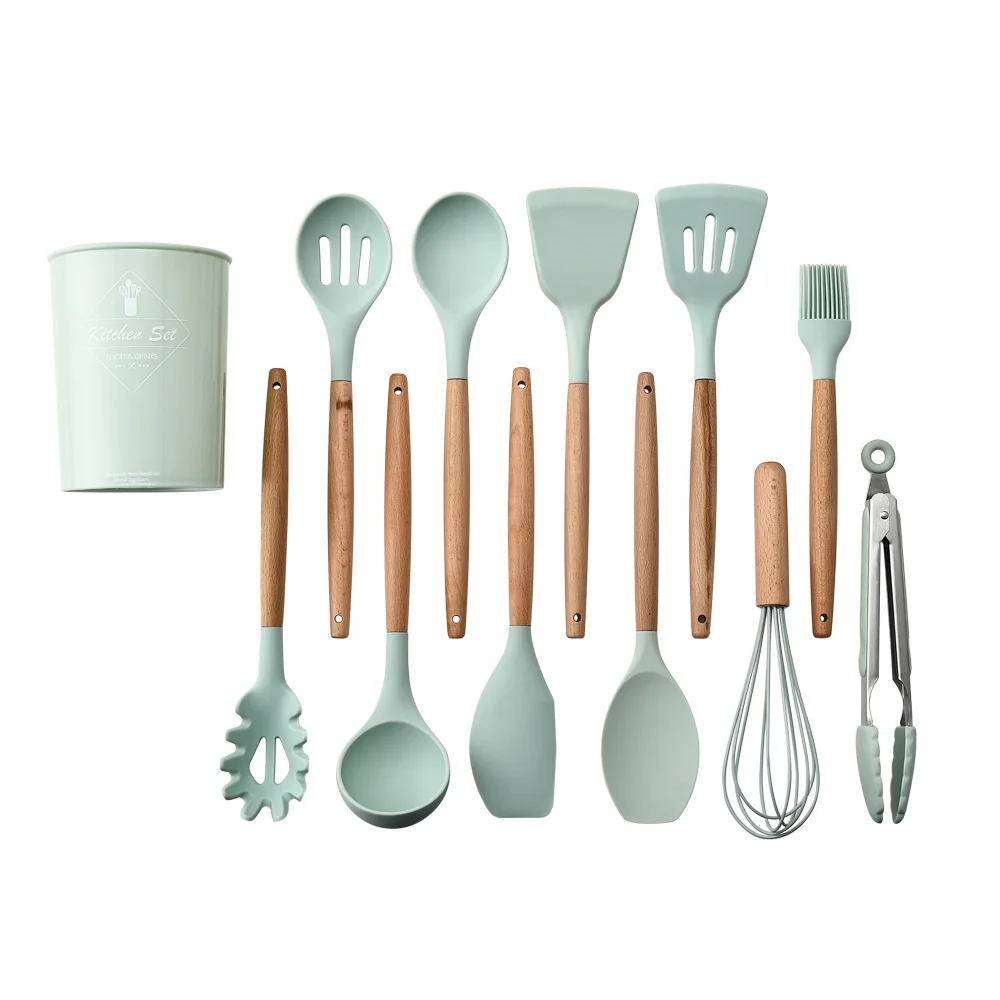 

12 Pcs Heat Resistant Silicone Cooking Kitchen Utensil Set With Wooden Handles and Holder, 9 colors available