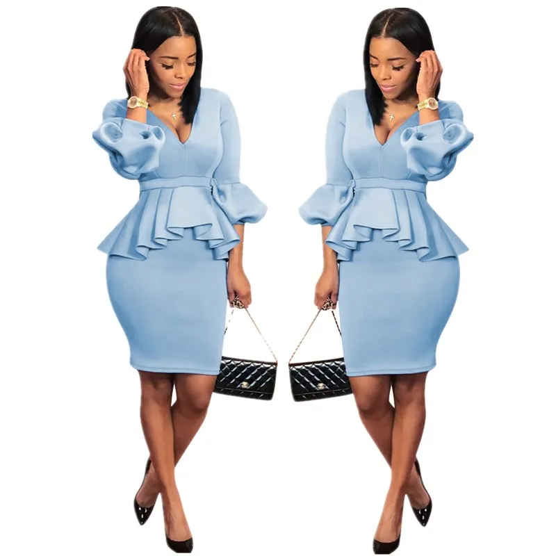 

2019 Latest Design Elegant Lantern Sleeve Top and Professional Office Dress Two-Piece Set A819, Blue