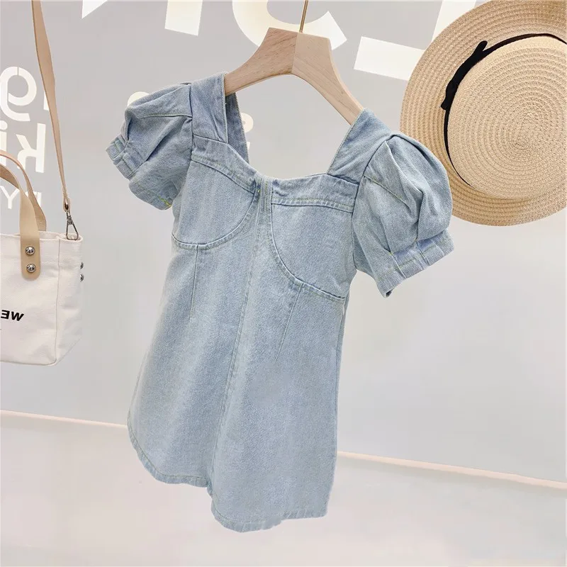 

Girls summer dress U-neck puff sleeve denim skirt, Blue