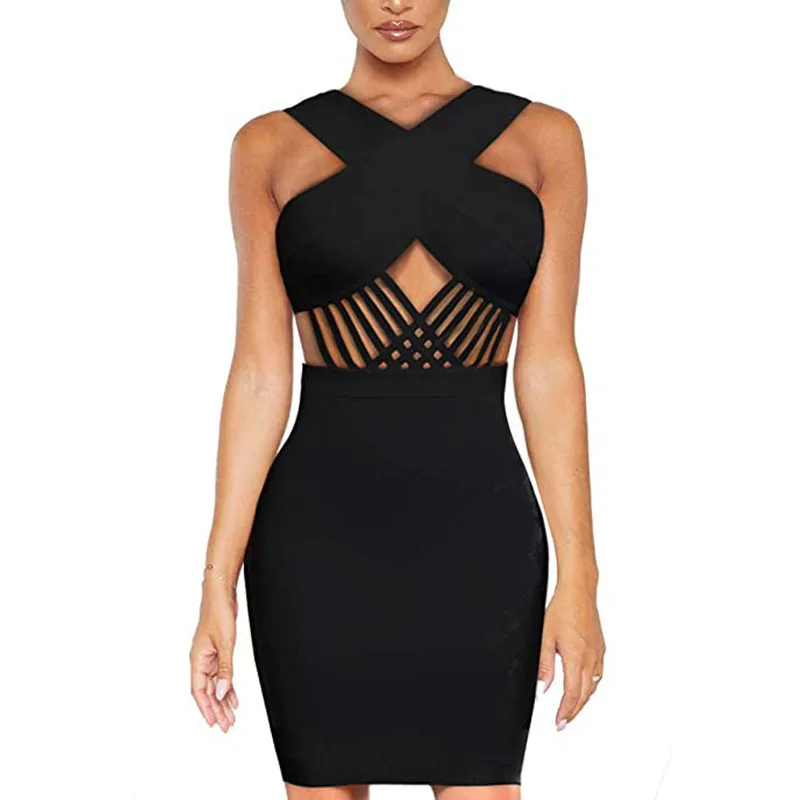 

2021 Sexy Split Women Party Stylish Night Club Sexy Hollow Out Backless Bodycon Halterneck Mini Dress