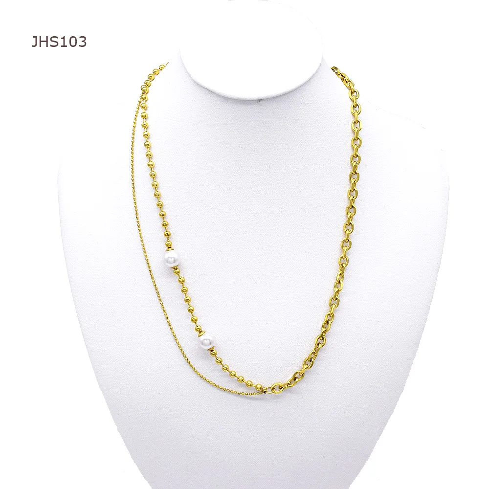 

JHS103 Gold Plated Jewelry Chain Rosary Stainless Steel Necklace Pearl Double Layer Stainless Steel Necklace, 18k gold plated color