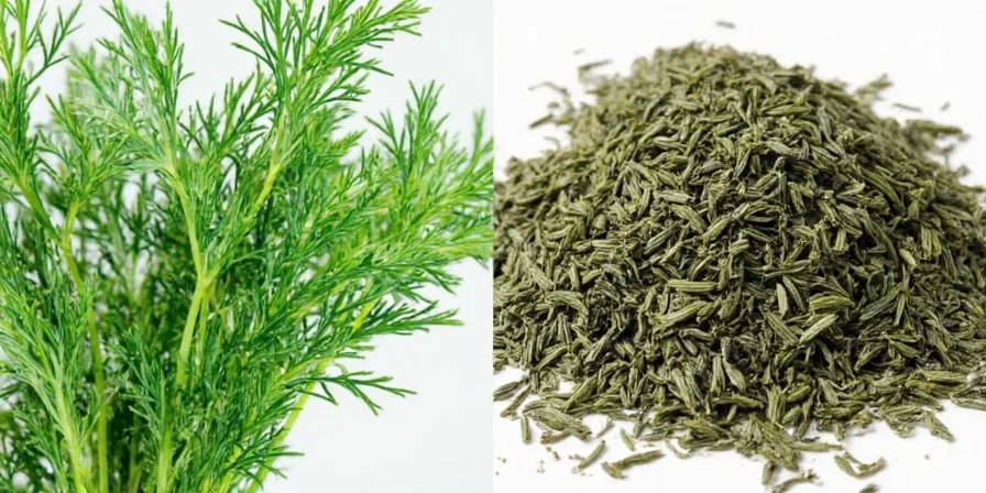 Fresh vs dried dill comparison on a cutting board