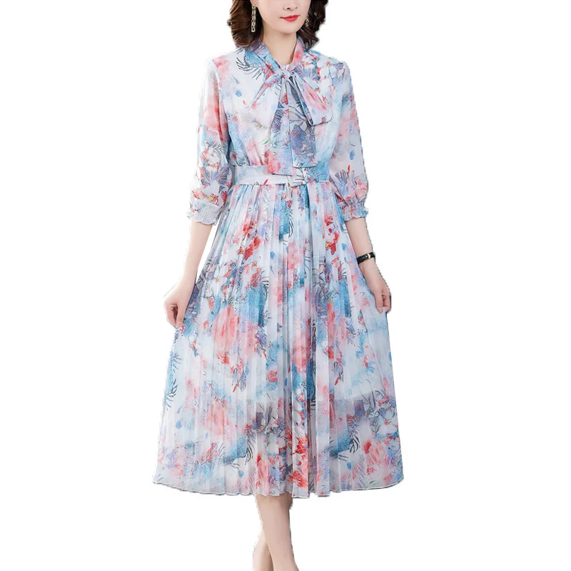 

Retro chiffon dress2020Summer new bow lightly mature temperament waist-controlled slimming printed pleated skirt