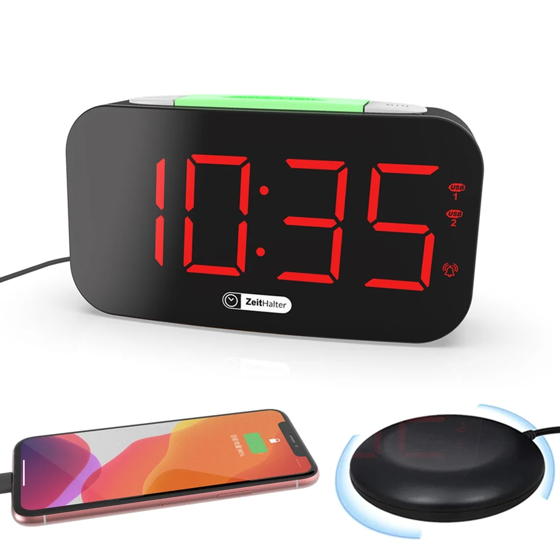 

Digital Alarm Clock Bed Shaker Auto Dimmer 7Colors Nightlight Type-C Port digital alarm clock costom sound