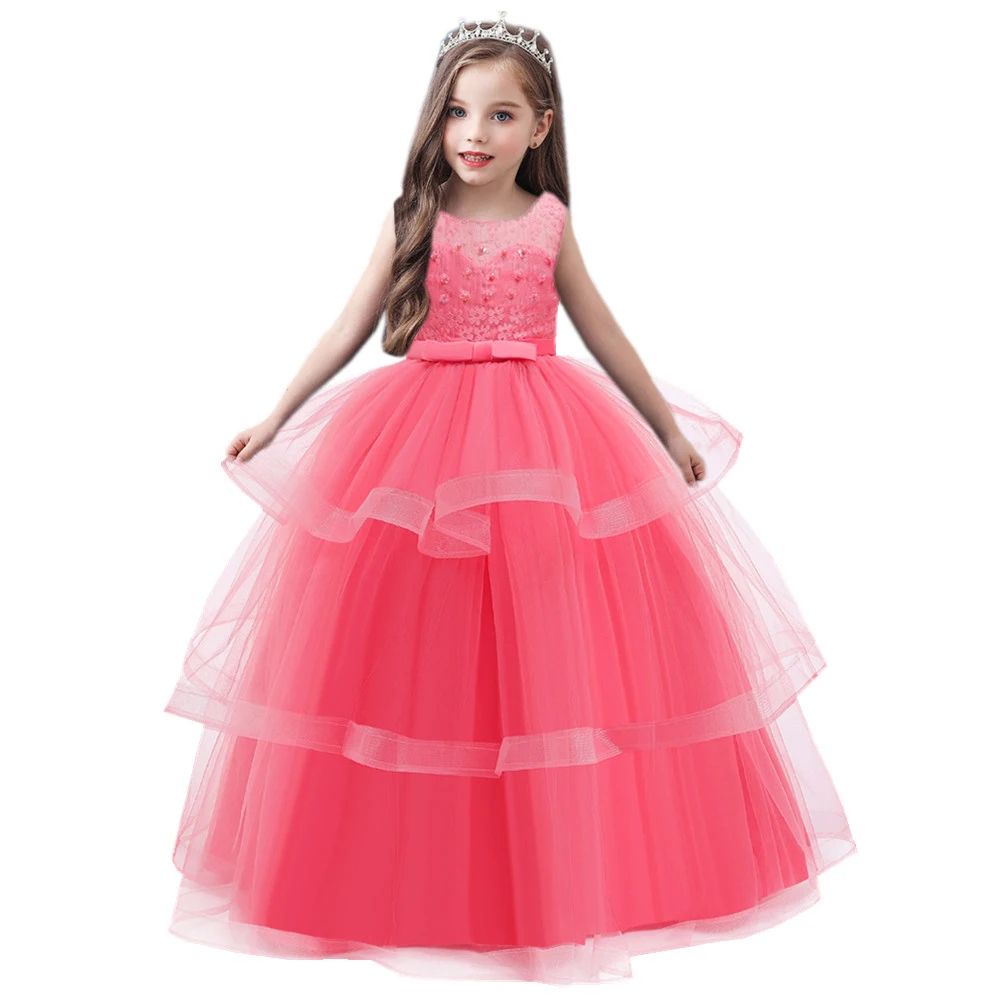 

Western-style bridesmaid flower dress kids fashion pink girl evening dress for party layered big girl dresses for 8 years old