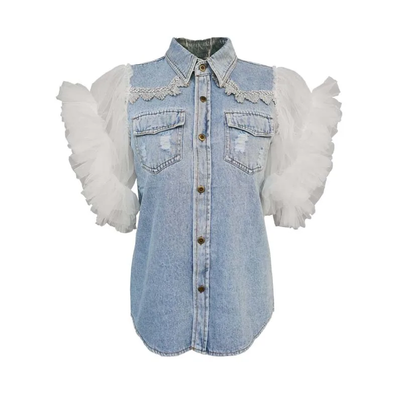 

2020 new arrivals autumn collection fashion trending women tulle contrast denim design jacket