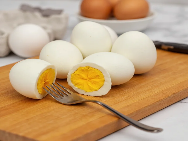 Fresh eggs on wooden cutting board with fork