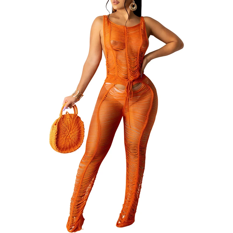 

2021 Summer Sexy See Through Swimsuit Jumpsuit Two Pieces Set Crochet Mesh Women Plus Size Beach Swimsuit Cover Up Pants
