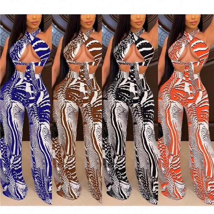 

Casual Sexy Ladies Clothes Crop Tops Wide Leg Pants Summer Women Printed Two Piece Set