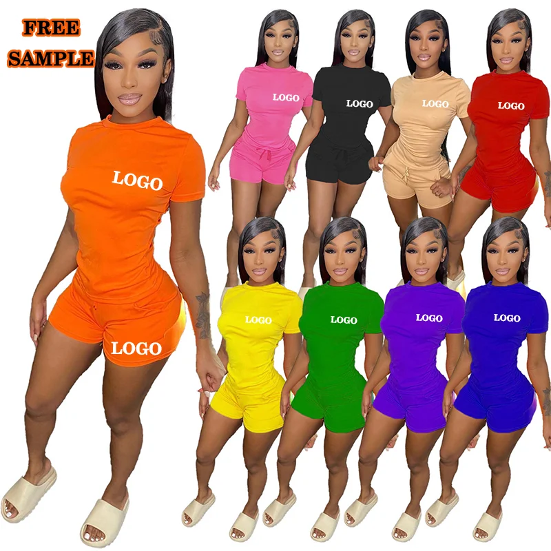 

2022 Custom Logo Women Summer Workout Set Short Sleeve T Shirt Booty Biker Shorts Sets Skinny 2 Piece Short Set Women Clothing, Photo color