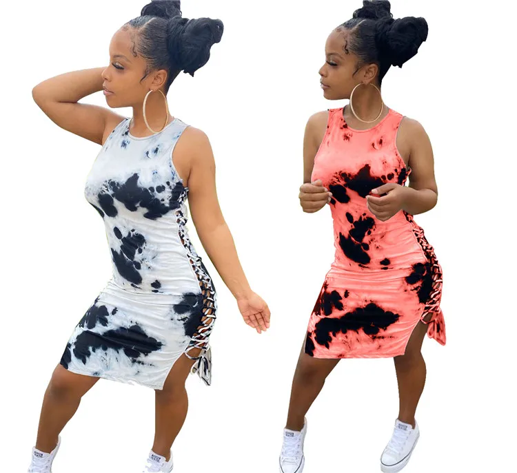 

Sexy Cutout Casual Round Neck Bandage Tie-Dye Print Summer Sleeveless Skinny Women Short Dress