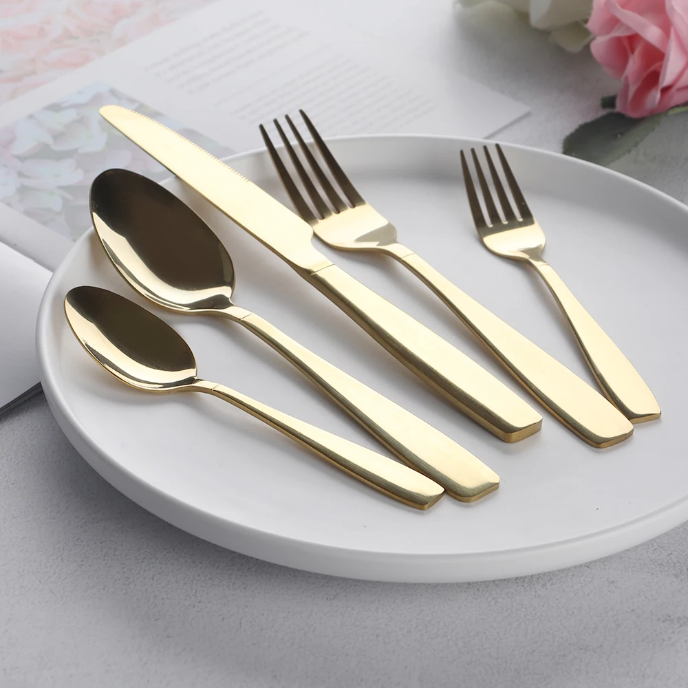 

5 piece modern shiny gold pvd titanium plated gold spoons cutlery set royal, gold flatware