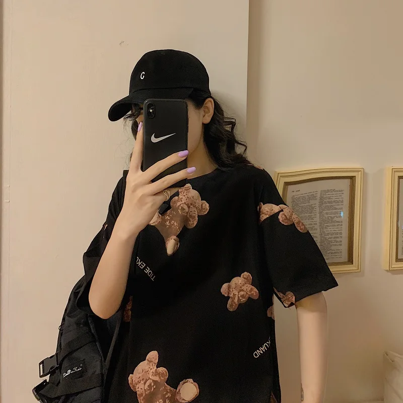 

Graphic Print Bear Half Short Sleeve Casual Oversized T shirt Dress Women Tee, Picture showed