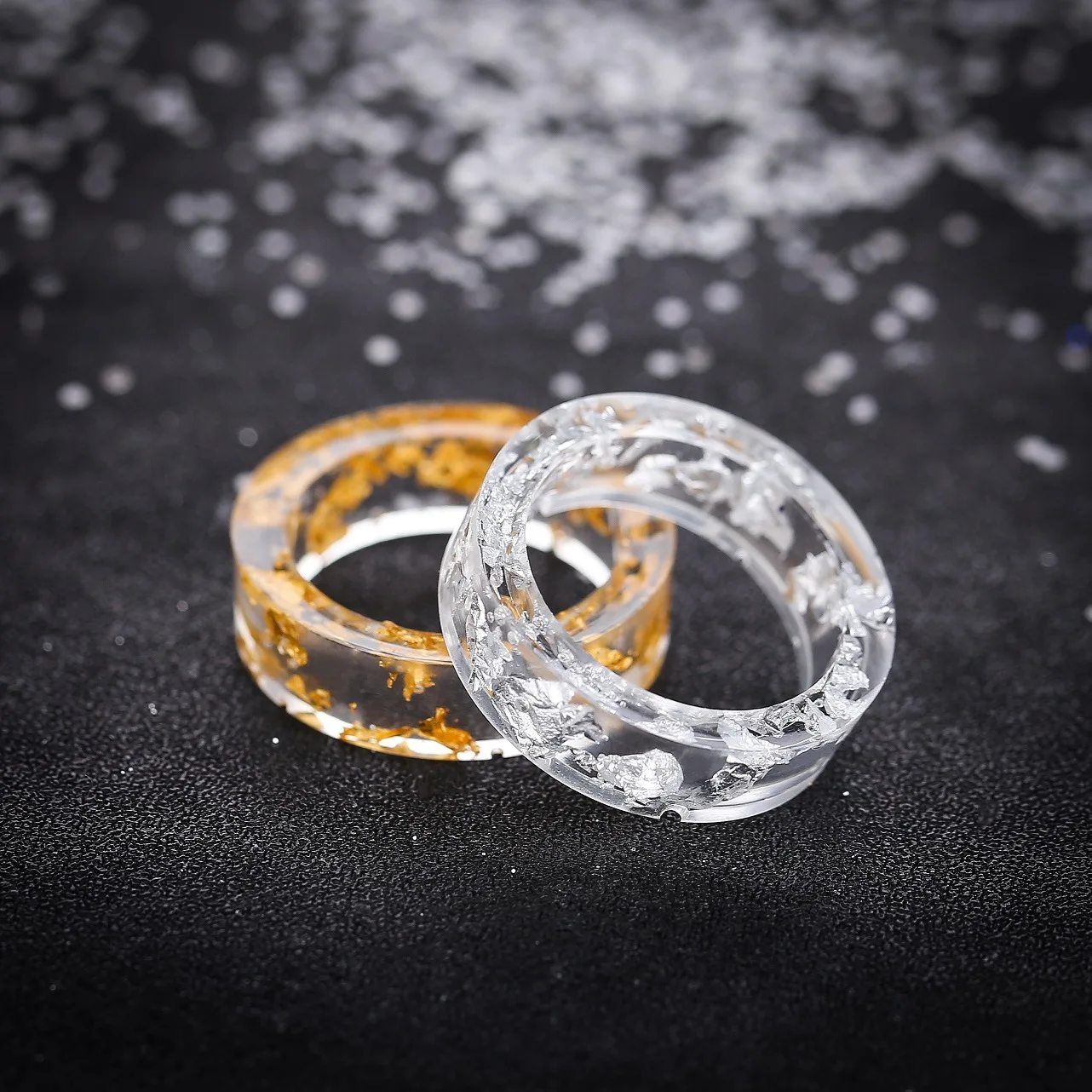 

JUHU 2021 New Gold And Silver Foil Ring Resin Ring Couple Birthday Gift Couple Handmade Ring Generation, Gold, silver