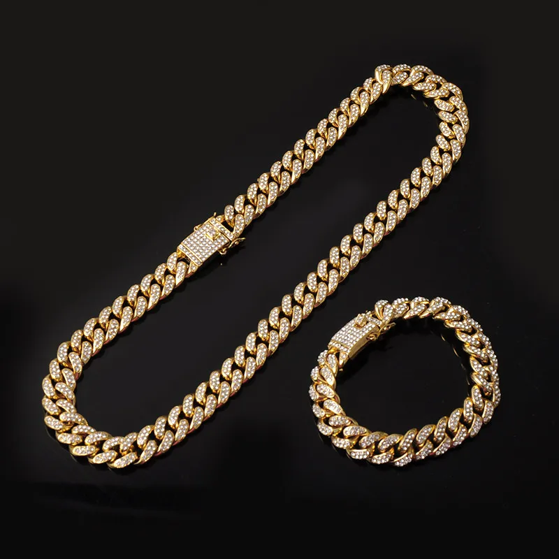 

Iced Out Paved Rhinestones 1Set Gold Full Miami Curb Cuban Chain CZ Bling Rapper Necklaces For Men Hip Hop Jewelry, Customized color