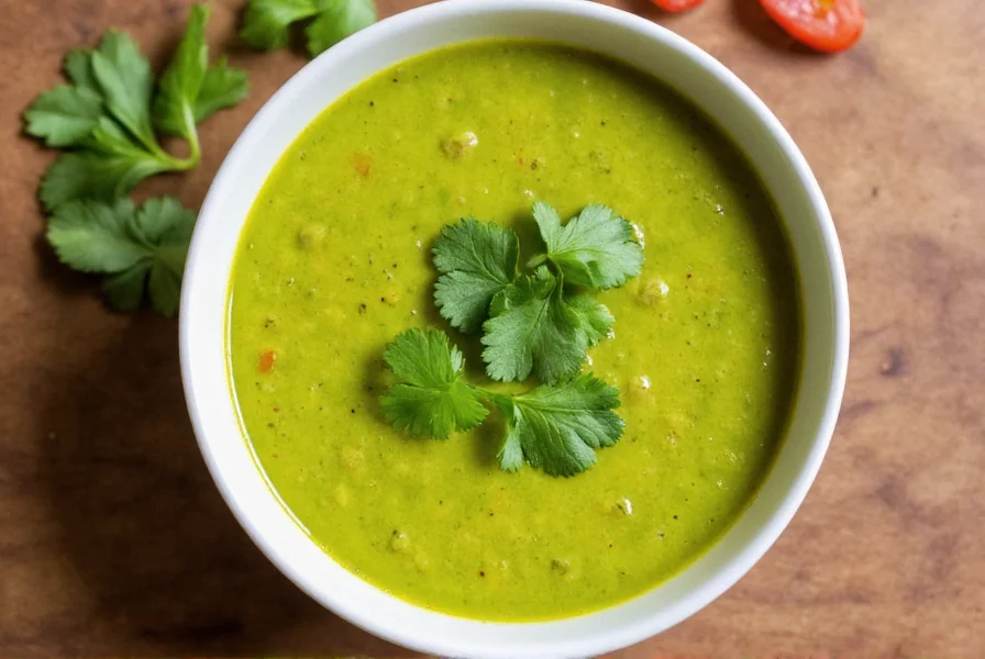 Bowl of vibrant green chicken chili soup with fresh cilantro garnish