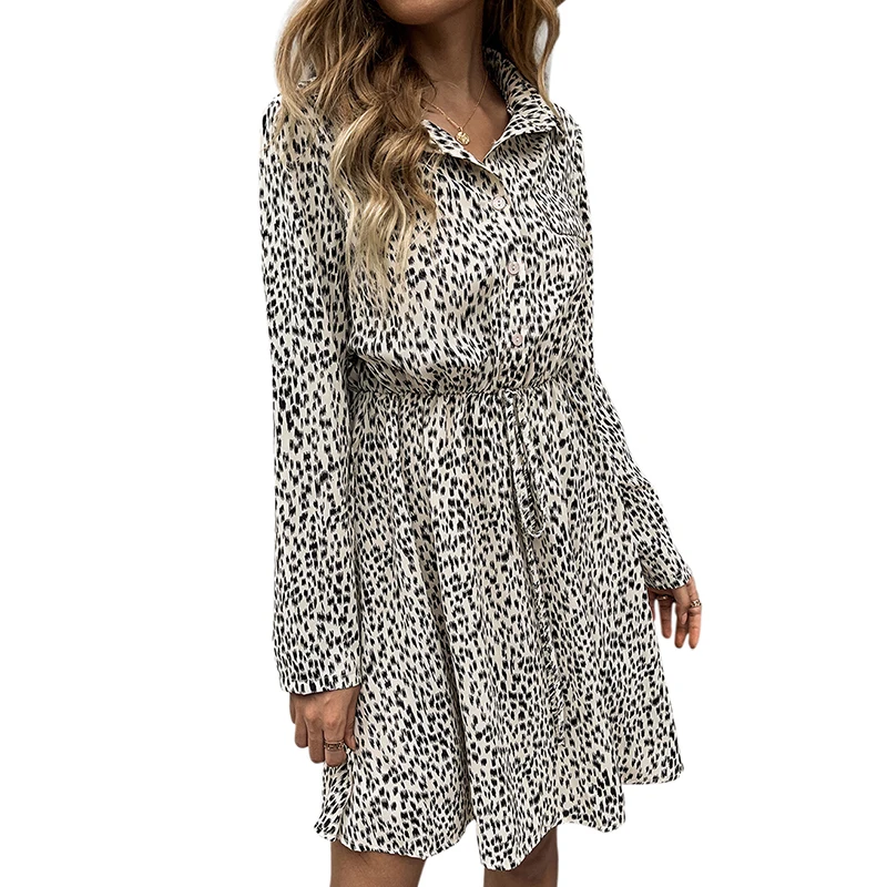

Fall 2021 Women's Lapel Waist Floral Dress Mid-length Long Sleeve Dress
